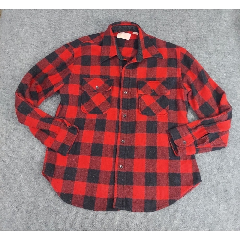 Vtg Sears Kings Road Shirt Mens Large Red Black Buffalo Plaid Wool‎ Linen